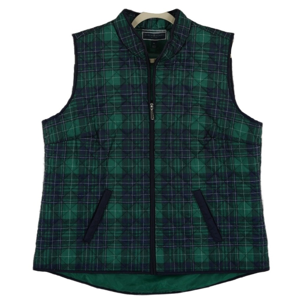 Karen Scott Plaid Vest Women's Size‎ XL Green Navy Blue Tartan Quilted Full Zip